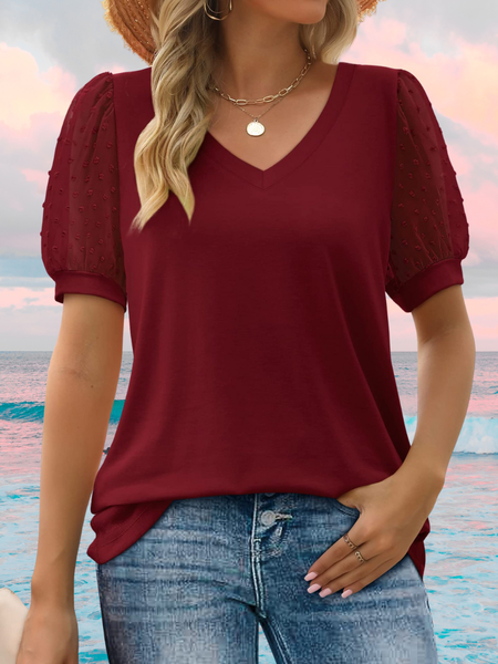 

Women Polka Dots Short Sleeve Tee T-shirt V Neck Jacquard Casual Summer Top, Wine red, T-Shirts