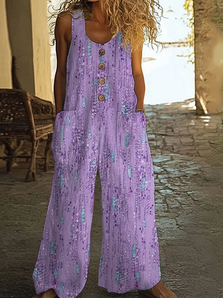 

Women Abstract Crew Neck Sleeveless Casual Summer Jumpsuit, Purple, Jumpsuits&Rompers