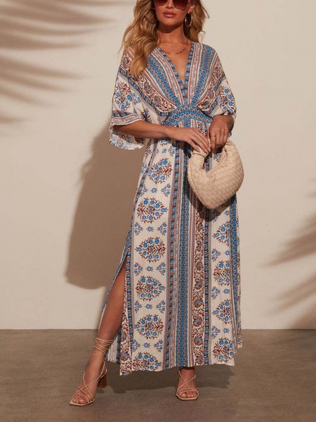 

Women Floral Short Sleeve Summer Printing Dress V Neck Daily Vintage Maxi Tank A-Line Dress, Deep blue, Dresses