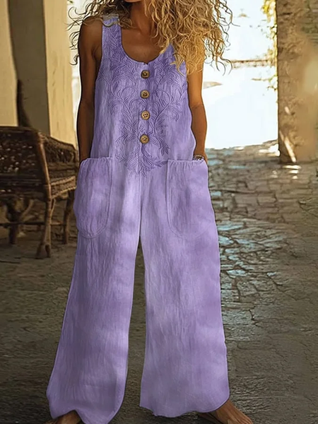 

Women Floral Crew Neck Sleeveless Casual Summer Jumpsuit, Purple, Jumpsuits＆Rompers