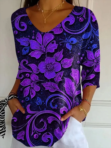 

Women Floral Three Quarter Sleeve Tee T-shirt V Neck Printing Casual Spring/Fall Graphic Tee Top, Purple, T-Shirts