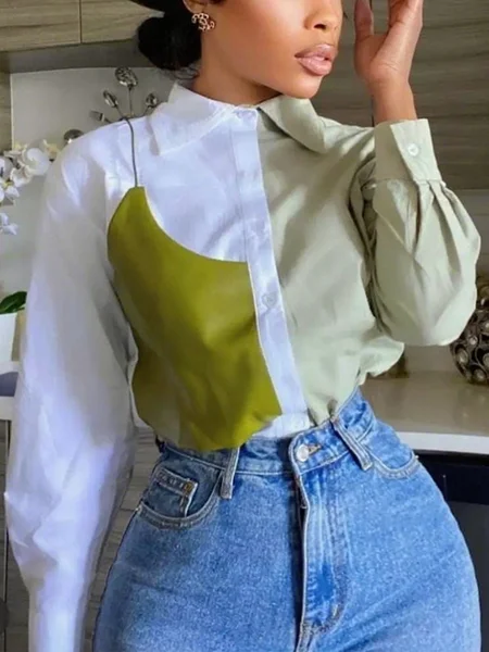 

Cotton Urban Color Block Split Joint Shirt Collar Shirt, White-green, Blouses and Shirts