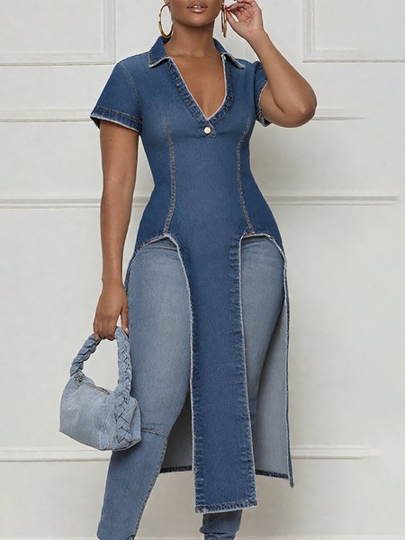 

Denim Casual Plain Irregular Craftsmanship V Neck Top, Denim blue, Tops