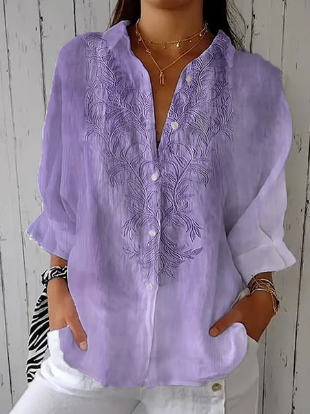

Women Floral Three Quarter Sleeve Shirt Spring/Fall Printing Shirt Collar Daily Casual Top, Purple, Shirts