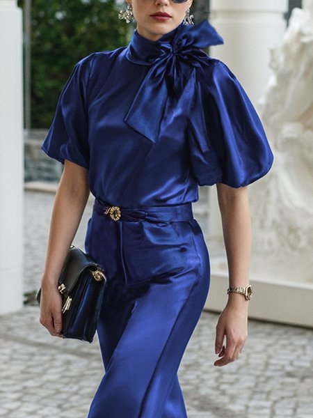 

Elegant Plain Bow Balloon Sleeve Blouse, Deep blue, Blouses and Shirts