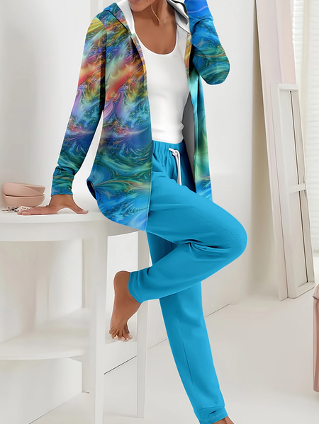 

Women Abstract Printing Two-Piece Set Daily Long Sleeve Casual Spring/Fall Coat With Pants Matching Set, Blue, Suit Set