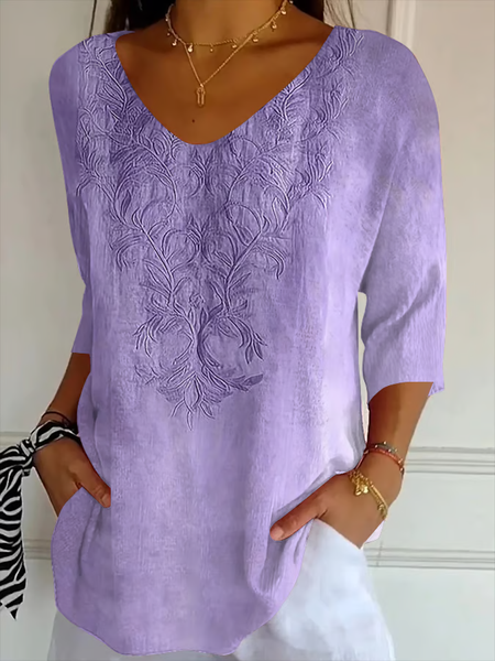 

Women Floral Three Quarter Sleeve Tee T-shirt V Neck Printing Casual Spring/Fall Graphic Tee Top, Purple, T-Shirts