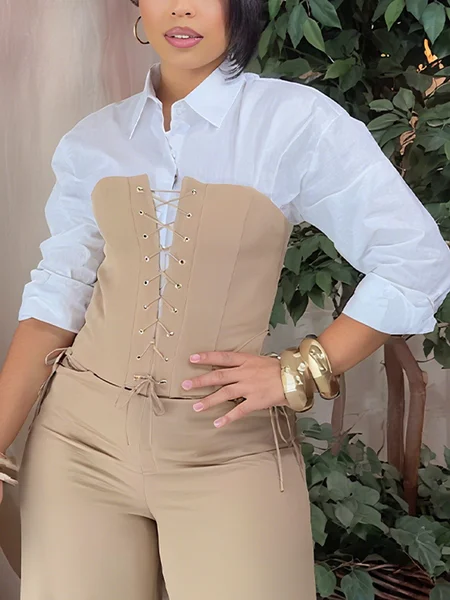 

Urban Plain Shirt Collar Shirt With Girdle, White-brown, Blouses and Shirts