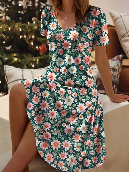 

Women Floral Short Sleeve Summer Printing Dress V Neck Daily Casual Midi Fit & Flare Dress A-Line Dress, Green, Casual Dresses