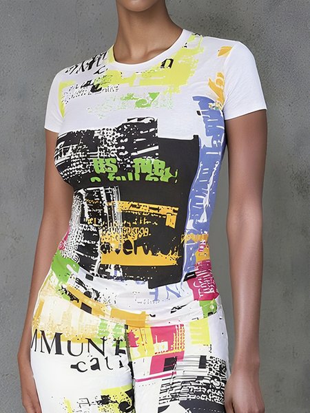 

Casual Random Print Printing Crew Neck T-shirt, As picture, Tees