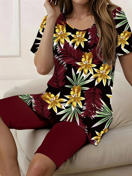 

Women Floral Printing Two-Piece Set Daily Short Sleeve Casual Summer Top With Pants Matching Set, Red brown, Suit Set