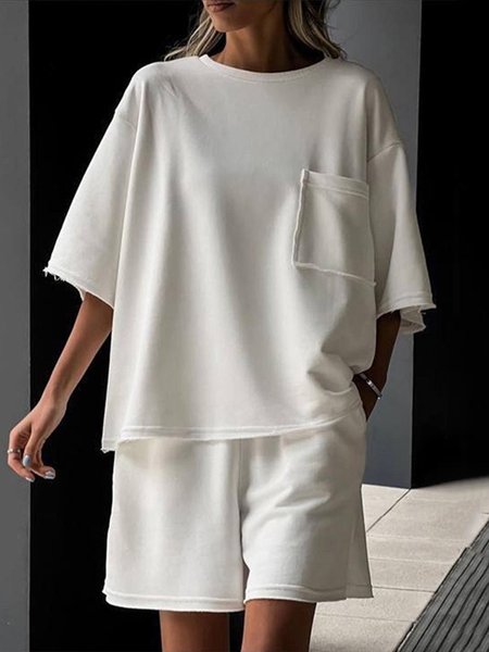 

Casual Plain Crew Neck Two-Piece Set, White, Suits