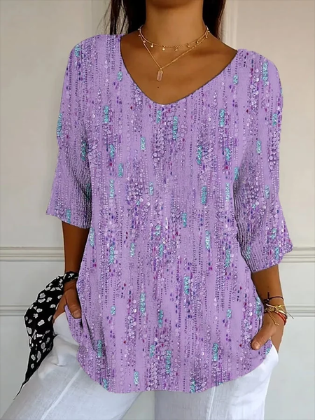 

Women Abstract Three Quarter Sleeve Tee T-shirt V Neck Printing Casual Spring/Fall Graphic Tee Top, Purple, T-Shirts