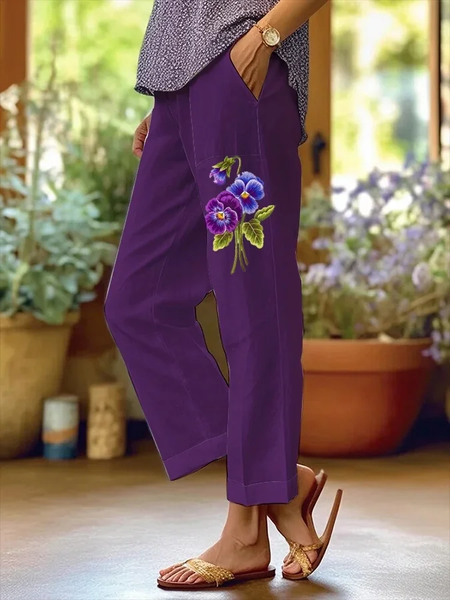

Women Floral Long Pants Casual Spring/Fall Trousers, Purple, Pants