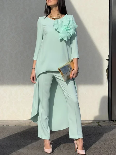 

Elegant Plain 3D Floral Crew Neck Blouse, Light_green, Blouses and Shirts