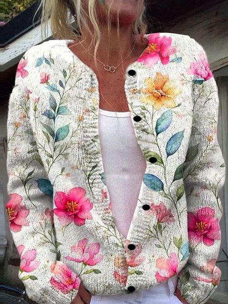 

Women Knitted 3D Printing Long Sleeve Comfy Vintage Cardigan, As picture, Cardigans