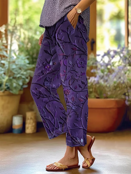 

Women Floral Long Pants Casual Spring/Fall Trousers, Purple, Pants
