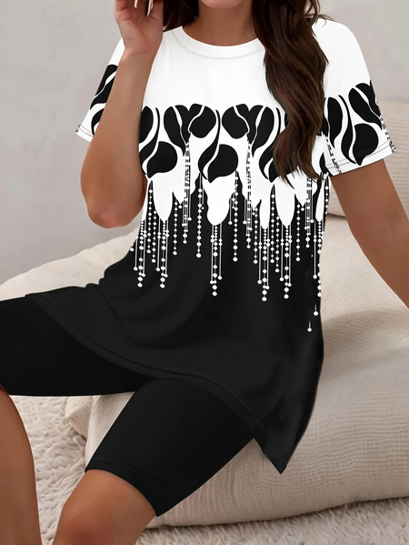 

Women Abstract Printing Two-Piece Set Daily Short Sleeve Casual Summer Top With Pants Matching Set, Black, Suit Set