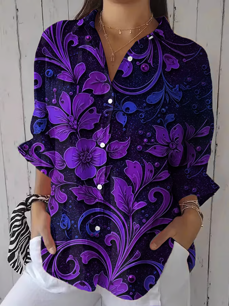 

Women Floral Three Quarter Sleeve Shirt Spring/Fall Printing Shirt Collar Daily Casual Top, Purple, Shirts
