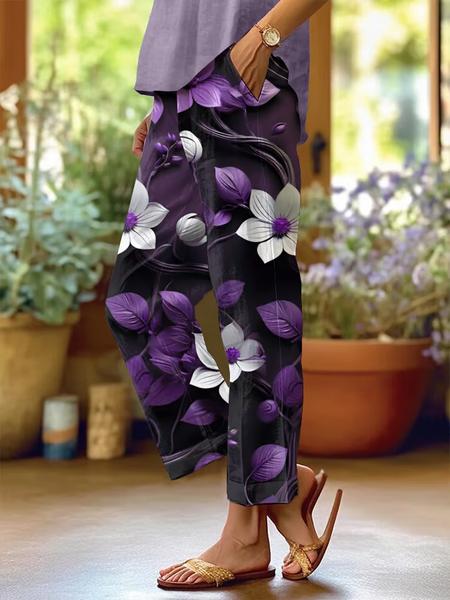 

Women Floral Long Pants Casual Spring/Fall Trousers, Purple, Pants