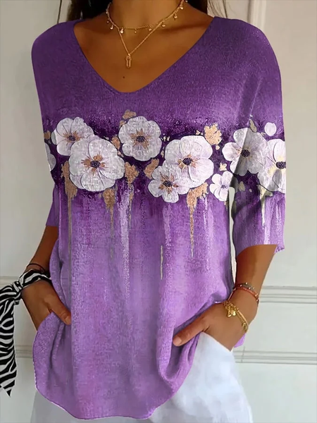 

Women Floral Three Quarter Sleeve Tee T-shirt V Neck Printing Casual Spring/Fall Graphic Tee Top, Purple, T-Shirts