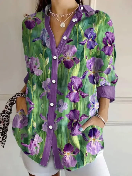 

Women Floral Long Sleeve Shirt Spring/Fall Buckle Shirt Collar Daily Casual Top, Purple, Shirts