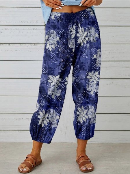 

Women Geometric Ankle Pants Elastic Waist Pants Vintage Spring/Fall Trousers, Blue, Pants