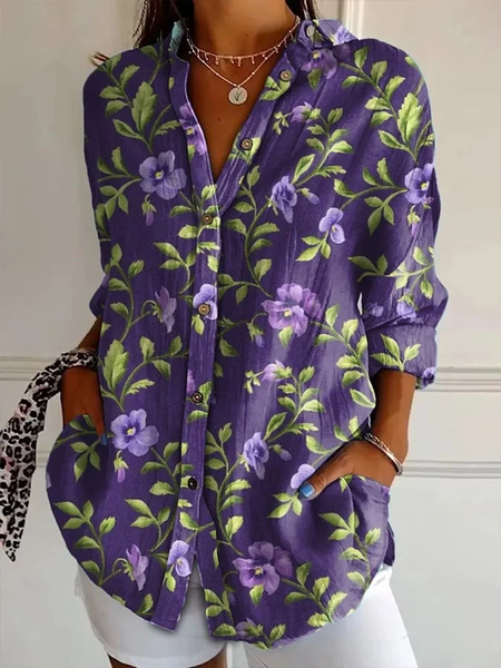

Women Floral Long Sleeve Shirt Spring/Fall Buckle Shirt Collar Daily Casual Top, Purple, Shirts