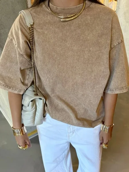 

Cotton Casual Plain Distressing T-shirt, Brown, Tees