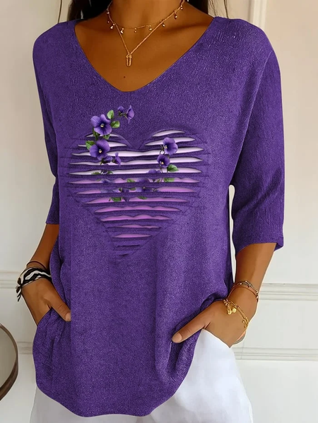 

Women Floral Three Quarter Sleeve Tee T-shirt V Neck Printing Casual Spring/Fall Graphic Tee Top, Purple, T-Shirts