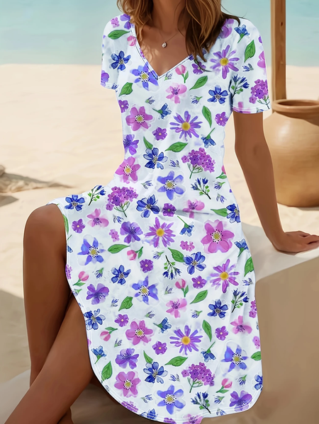 

Women Floral Summer Printing Dress V Neck Short Sleeve Fit & Flare Dress A-Line Dress, White, Dresses