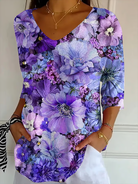

Women Floral Three Quarter Sleeve Tee T-shirt V Neck Printing Casual Spring/Fall Graphic Tee Top, Purple, T-Shirts