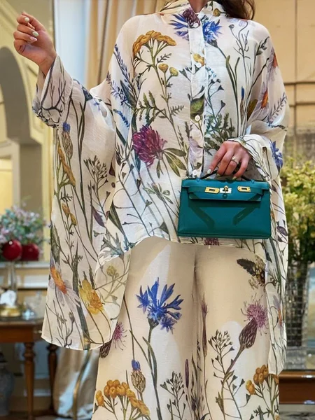 

Elegant Floral Printing Shirt Collar Raglan Sleeves Shirt, As picture, Blouses and Shirts