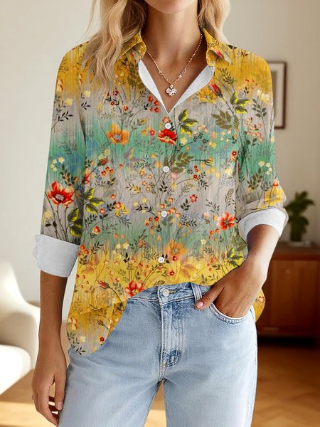 

V Neck Long Sleeve Geometric Regular Micro-Elasticity Regular Fit Shirt For Women, Yellow, Shirts