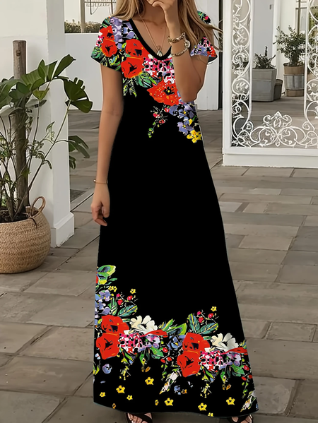 

Women Floral Summer Printing Dress V Neck Short Sleeve X-Line Dress, Black, Dresses