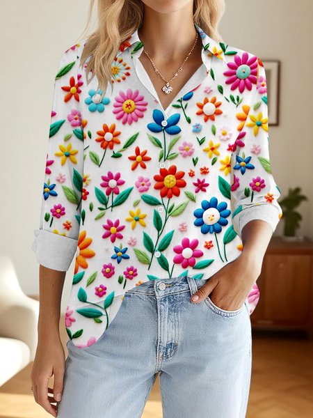 

V Neck Long Sleeve Geometric Regular Micro-Elasticity Regular Fit Shirt For Women, White, Shirts