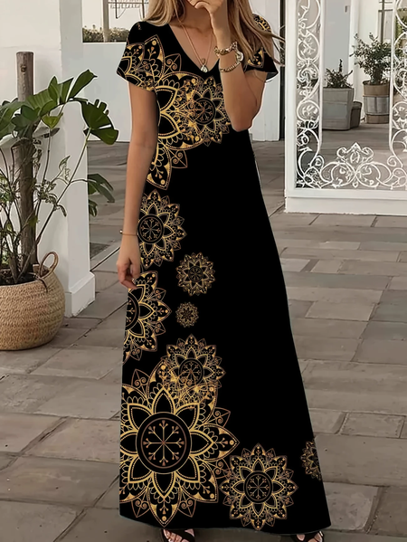 

Women Floral Short Sleeve Summer Printing Dress V Neck Daily Casual Maxi X-Line Dress, Black, Casual Dresses