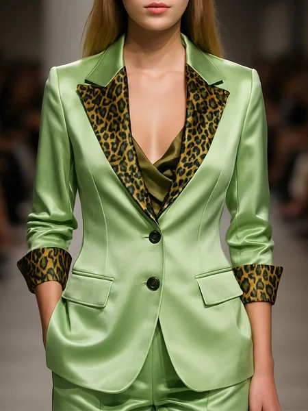 

Urban Satin Printing Leopard Lapel Collar Blazer, Green, Blazers