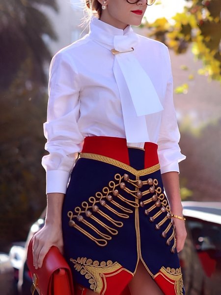 

Cotton Urban Plain Tie Stand Collar Shirt With Pin Brooch, White, Blouses and Shirts