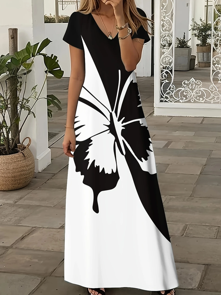 

Women Butterfly Short Sleeve Summer Printing Dress V Neck Daily Casual Maxi X-Line Dress, Black-white, Casual Dresses