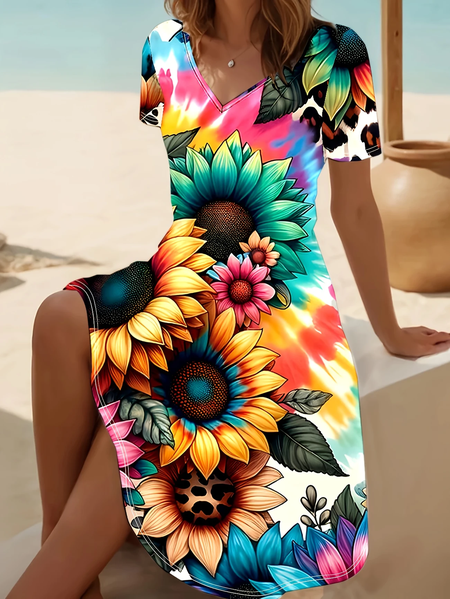 

Women Floral Short Sleeve Summer Printing Dress V Neck Daily Casual Midi Fit & Flare Dress A-Line Dress, As picture, Casual Dresses