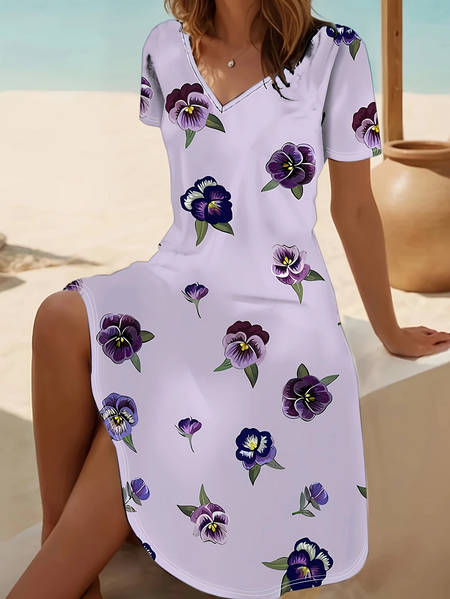 

Women Floral Short Sleeve Summer Printing Dress V Neck Daily Casual Midi Fit & Flare Dress A-Line Dress, Purple, Casual Dresses