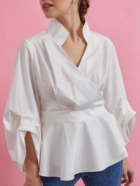 

Cotton Urban Plain Stand Collar Blouse, White, Blouses and Shirts