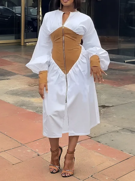 

Urban Color Block Balloon Sleeve Split Joint Crew Neck Midi Dress, White, Midi Dresses