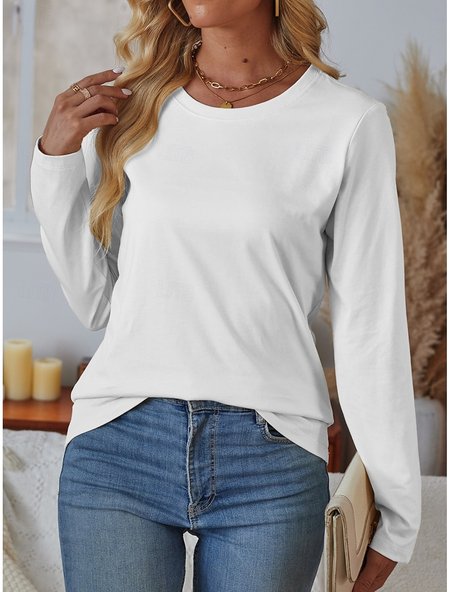 

Women Plain Crew Neck Casual Long Sleeve T-shirt, White, Long Sleeves