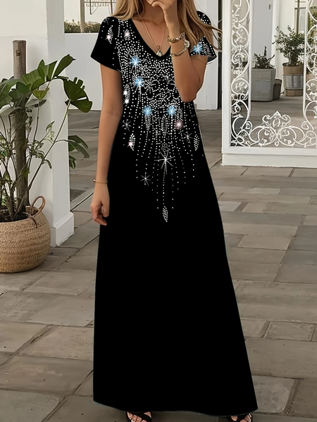 

Women Abstract Summer Printing Dress V Neck Short Sleeve X-Line Dress, Black, Dresses