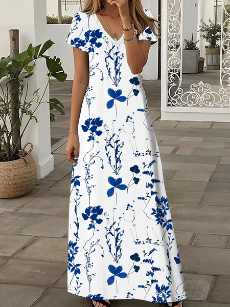 

Women Floral Short Sleeve Summer Printing Dress V Neck Daily Casual Maxi X-Line Dress, White, Casual Dresses