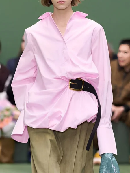 

Cotton Urban Plain Irregular Craftsmanship Shirt Collar Shirt, Pink, Blouses and Shirts