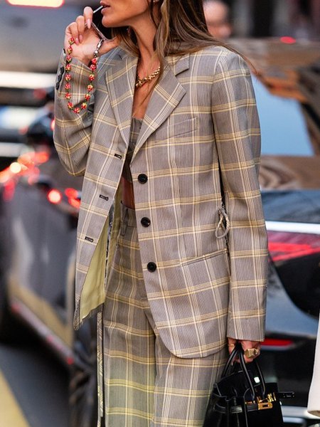 Urban  Printing Plaid Lapel Collar Blazer With Belt