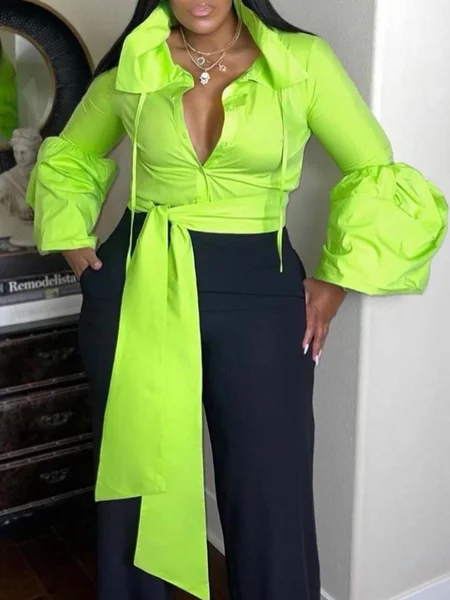 

Urban Plain Shirt Collar Puff Sleeve Shirt, Light_green, Blouses and Shirts